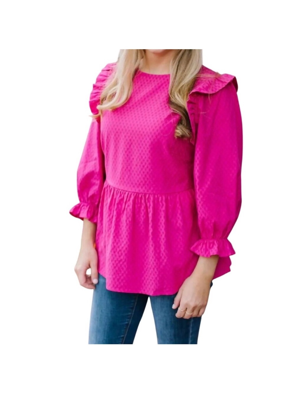 EUC Women’s MICHELLE MCDOWELL Pink Textured 3/4 Sleeve Ruffle Blouse (Small)